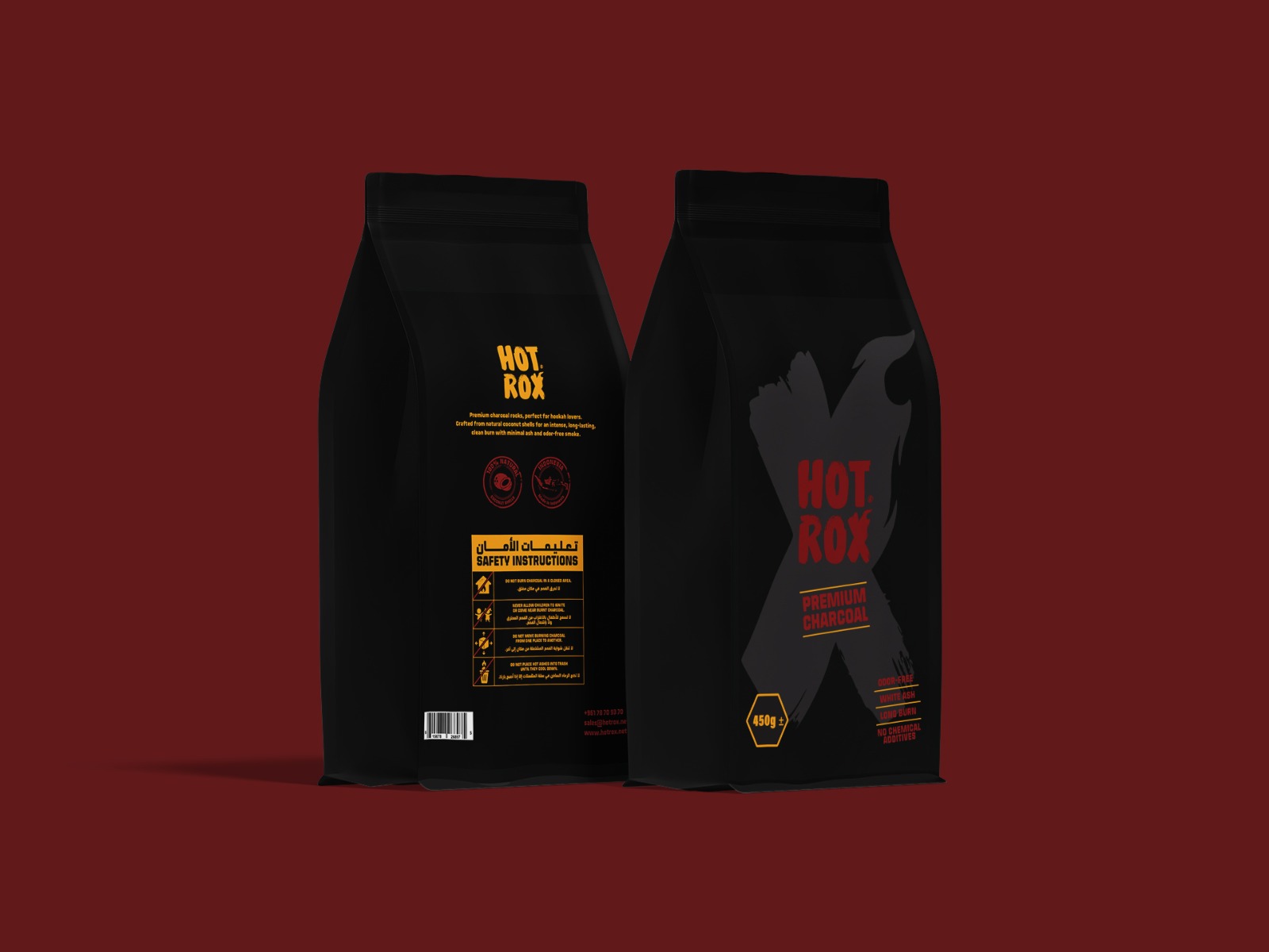 Hot Rox 450g premium charcoal pouch front and back